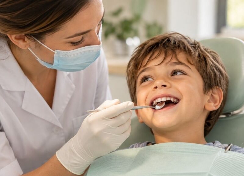 Odontóloga revisando los dientes de un niño para detectar caries de forma temprana