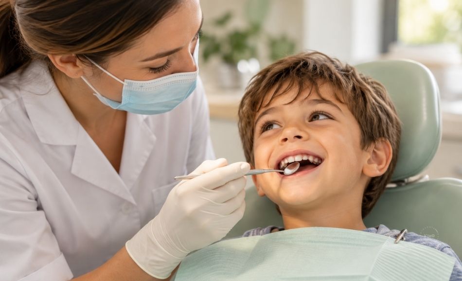 Odontóloga revisando los dientes de un niño para detectar caries de forma temprana